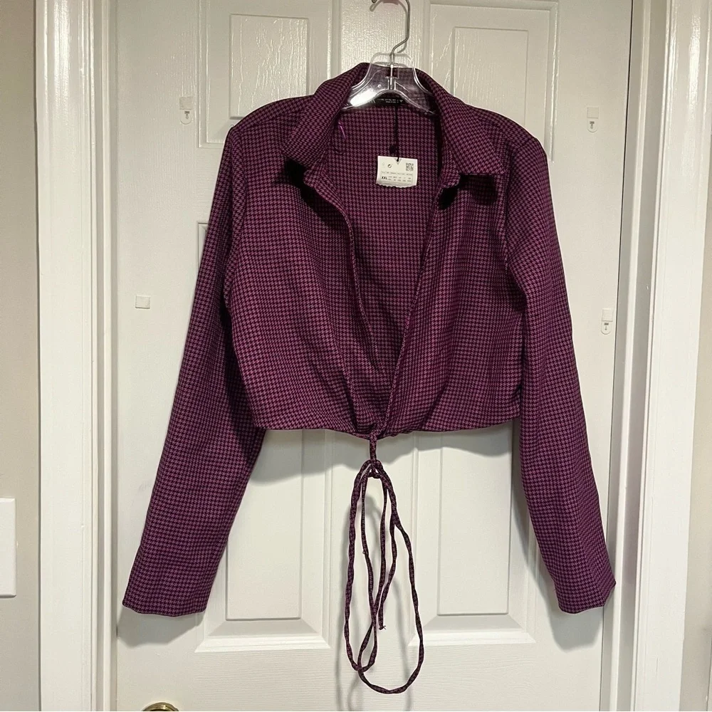 Zara Purple Houndstooth V-Neck Long Sleeve Crop Top XXL C2